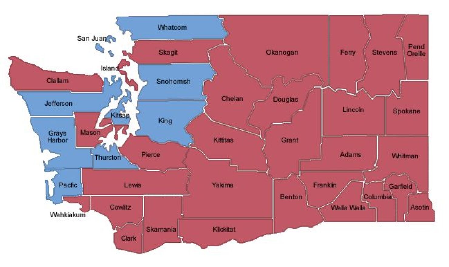 This map shows shows Washington's political divide, at least in the open race for governor. Source: Washington Secretary of State.